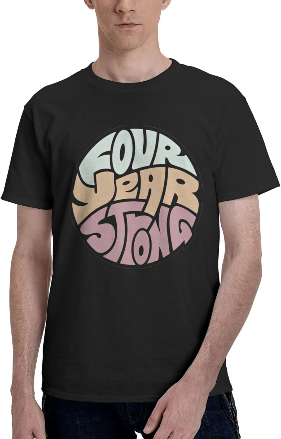 Four Rock Year Strong Band Men Crewneck T Shirt Comfy Short Sleeve Sports Gym Workout Tops Black Small